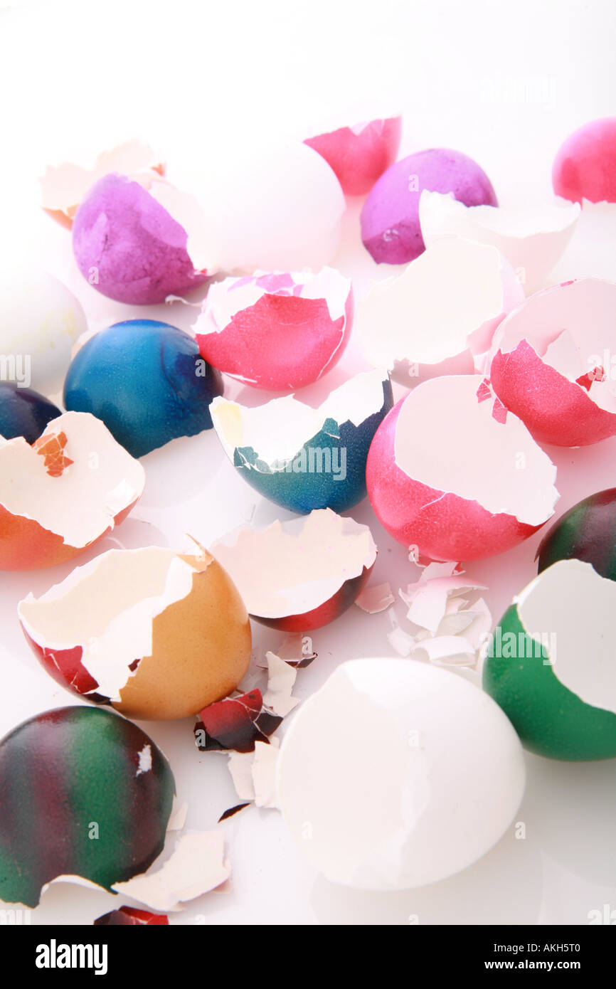 after easter scenario colorful eggshells on white Stock Photo