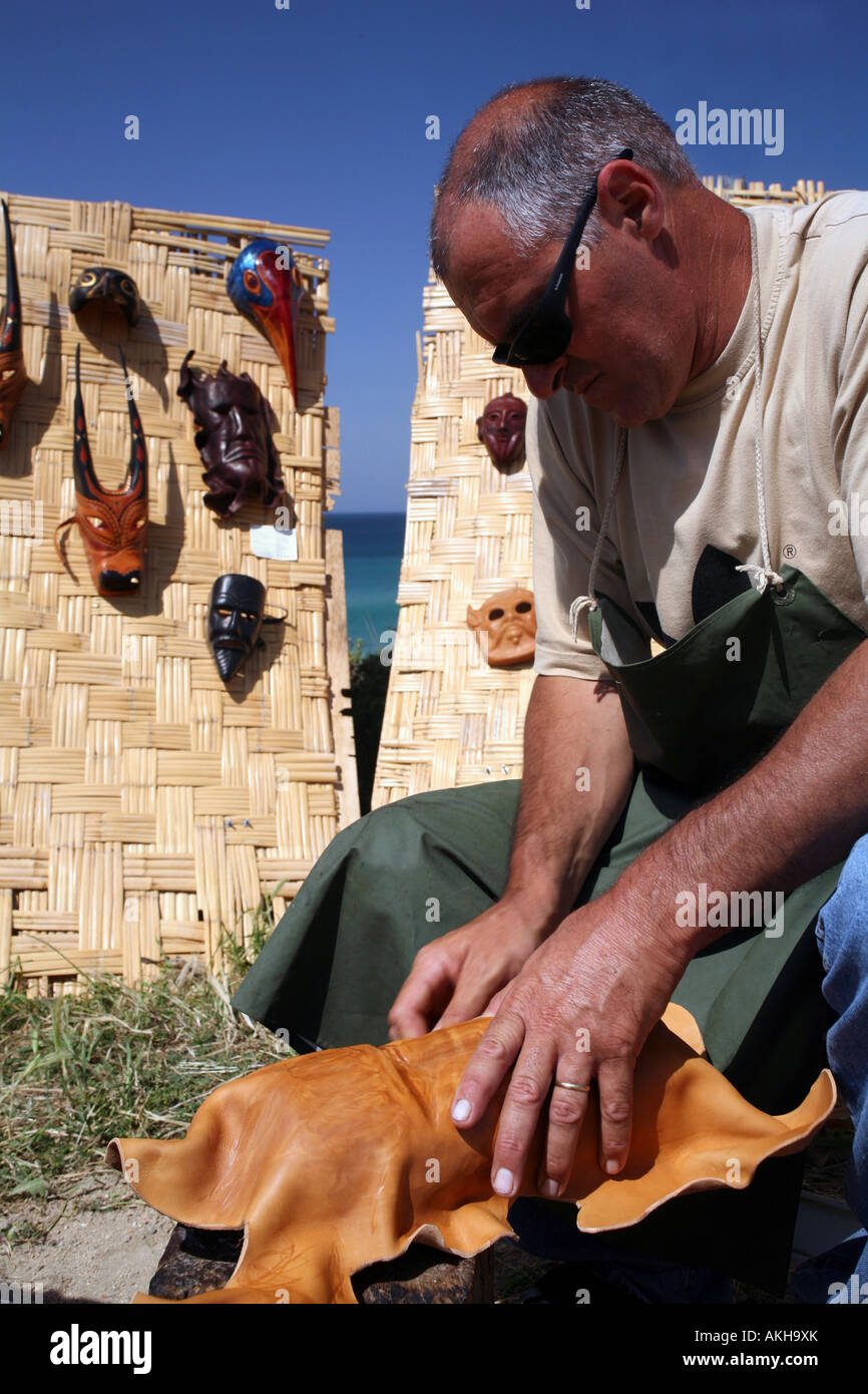 Leather masks, Sardinian handicrafts, Sinis, Sardinia, Italy Stock Photo