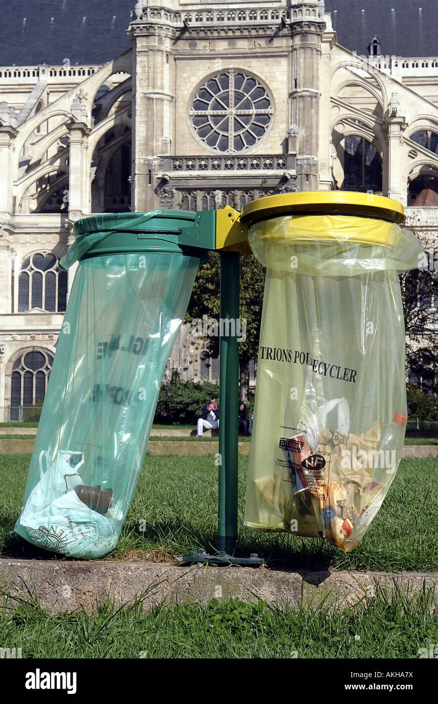 recycling selection waste bins in front of st Eustache church paris France Stock Photo