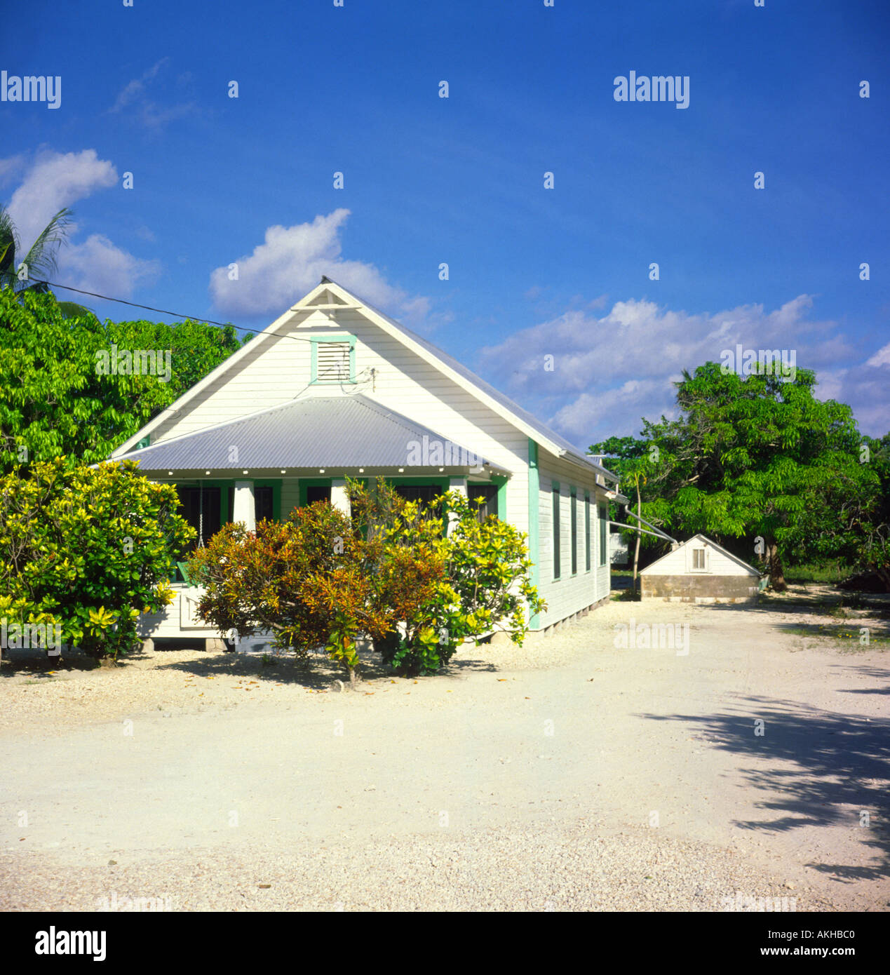 Traditional white wooden house Cayman Brac Cayman Islands Stock Photo