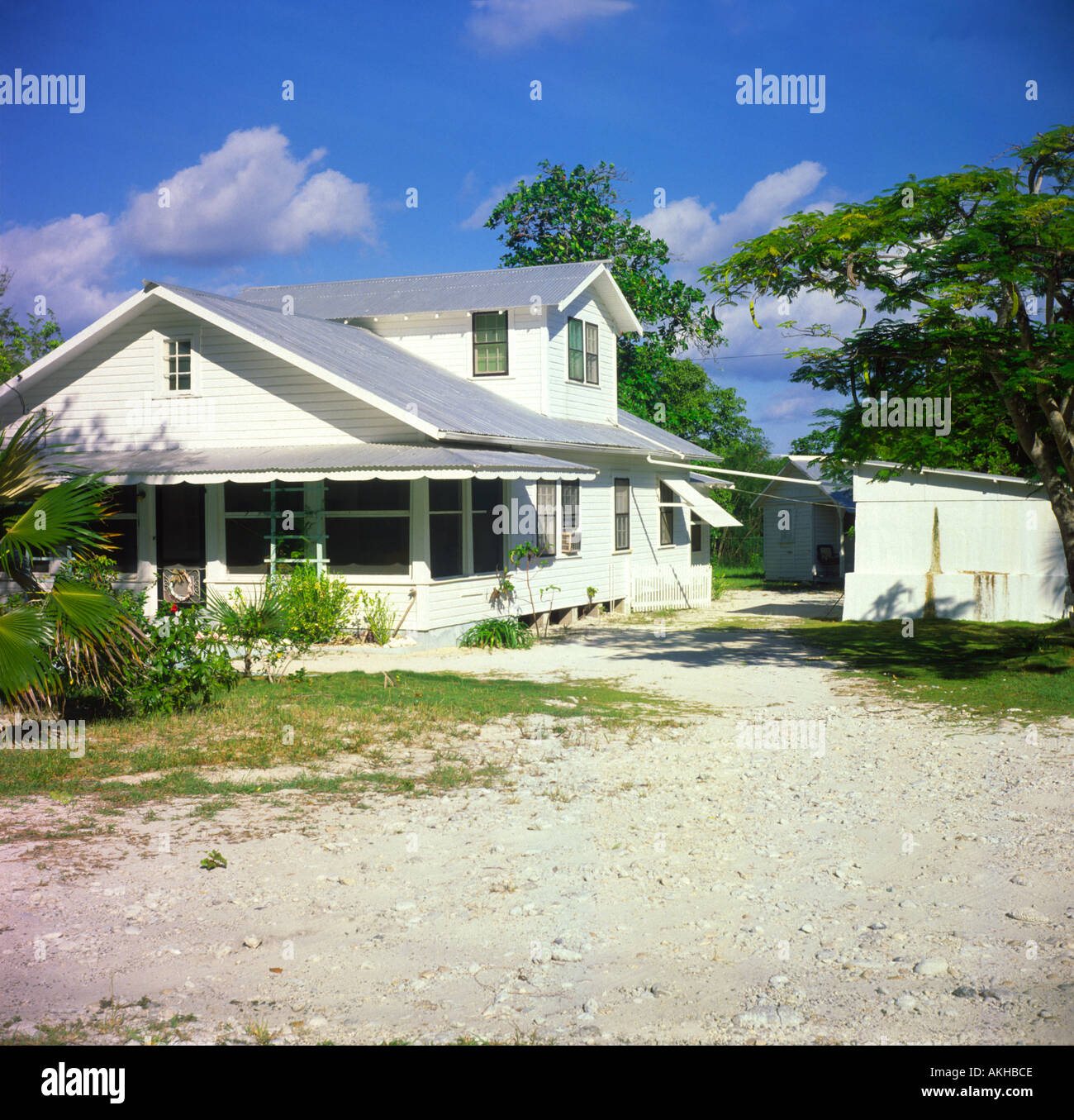 Traditional white wooden house Cayman Brac Cayman Islands Stock Photo