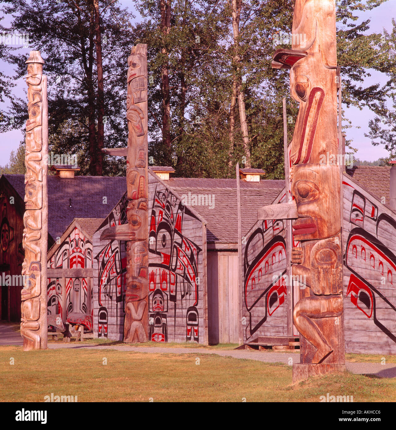 Ksan Historical Village and Museum, Hazelton, BC, British Columbia, Canada - Gitxsan (Gitksan) Totem Poles and Tribal Houses Stock Photo