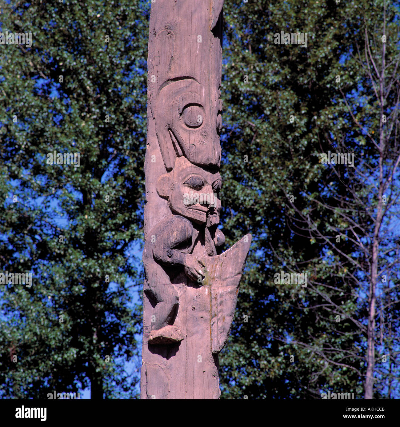 Gitxsan (Gitksan) Totem Pole at Ksan Historical Village and Museum, Hazelton, Northern BC, British Columbia, Canada Stock Photo