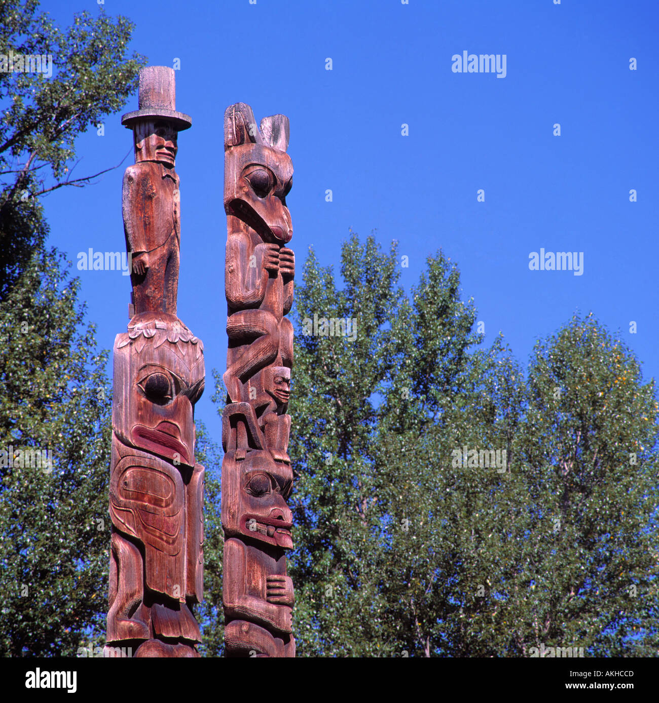 Gitxsan (Gitksan) Totem Poles at Ksan Historical Village and Museum, Hazelton, Northern BC, British Columbia, Canada Stock Photo