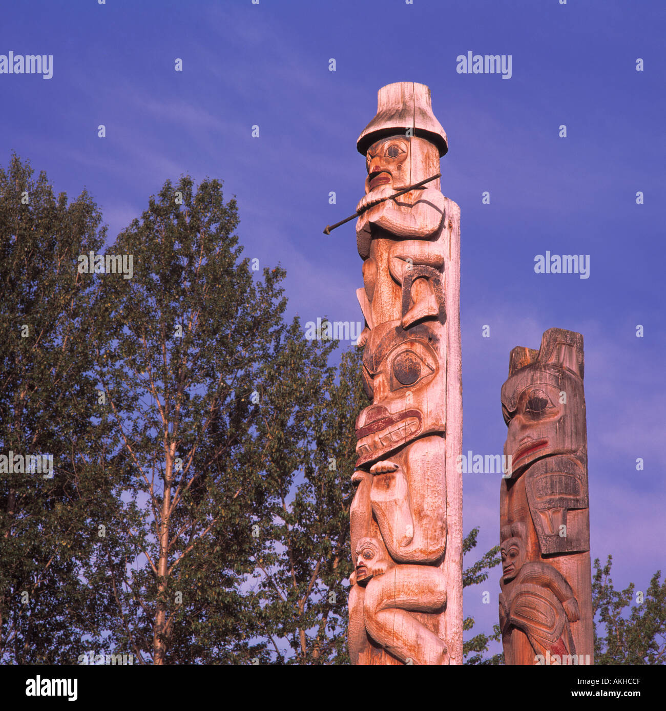 Gitxsan (Gitksan) Totem Poles at Ksan Historical Village and Museum, Hazelton, Northern BC, British Columbia, Canada Stock Photo
