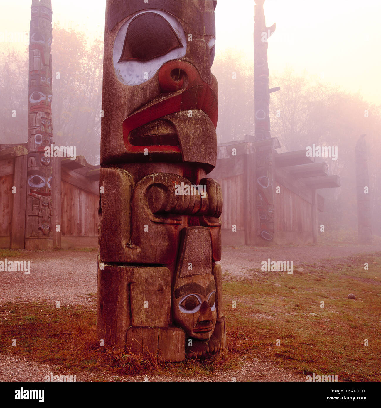 Haida Totem Poles and Plank Houses at Museum of Anthropology, University of British Columbia (UBC), Vancouver, BC, Canada Stock Photo