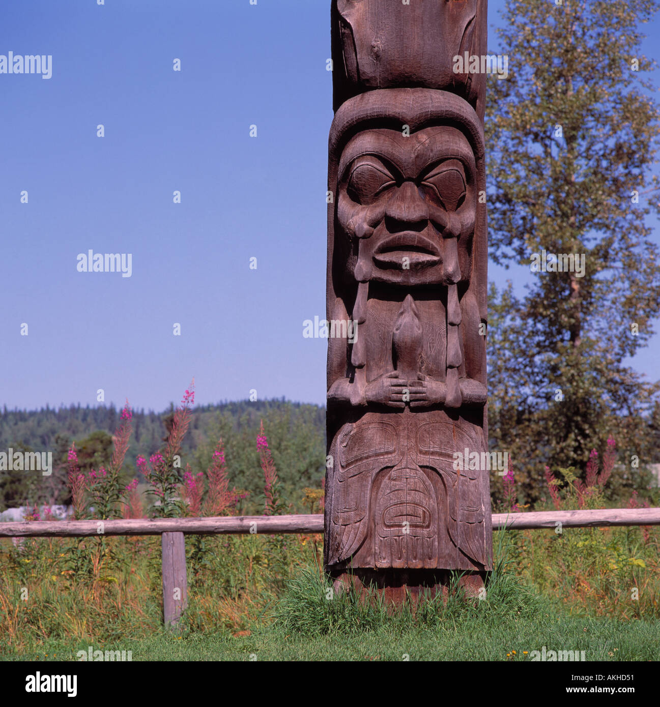 Gitxsan (Gitksan) Totem Poles, Kispiox, Northern BC, British Columbia, Canada - Detail of 'Weeping Woman' Totem Pole Stock Photo