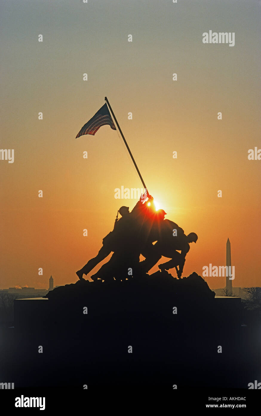 US Marine Corps War Memorial silhouetted in Arlington National Cemetery Stock Photo
