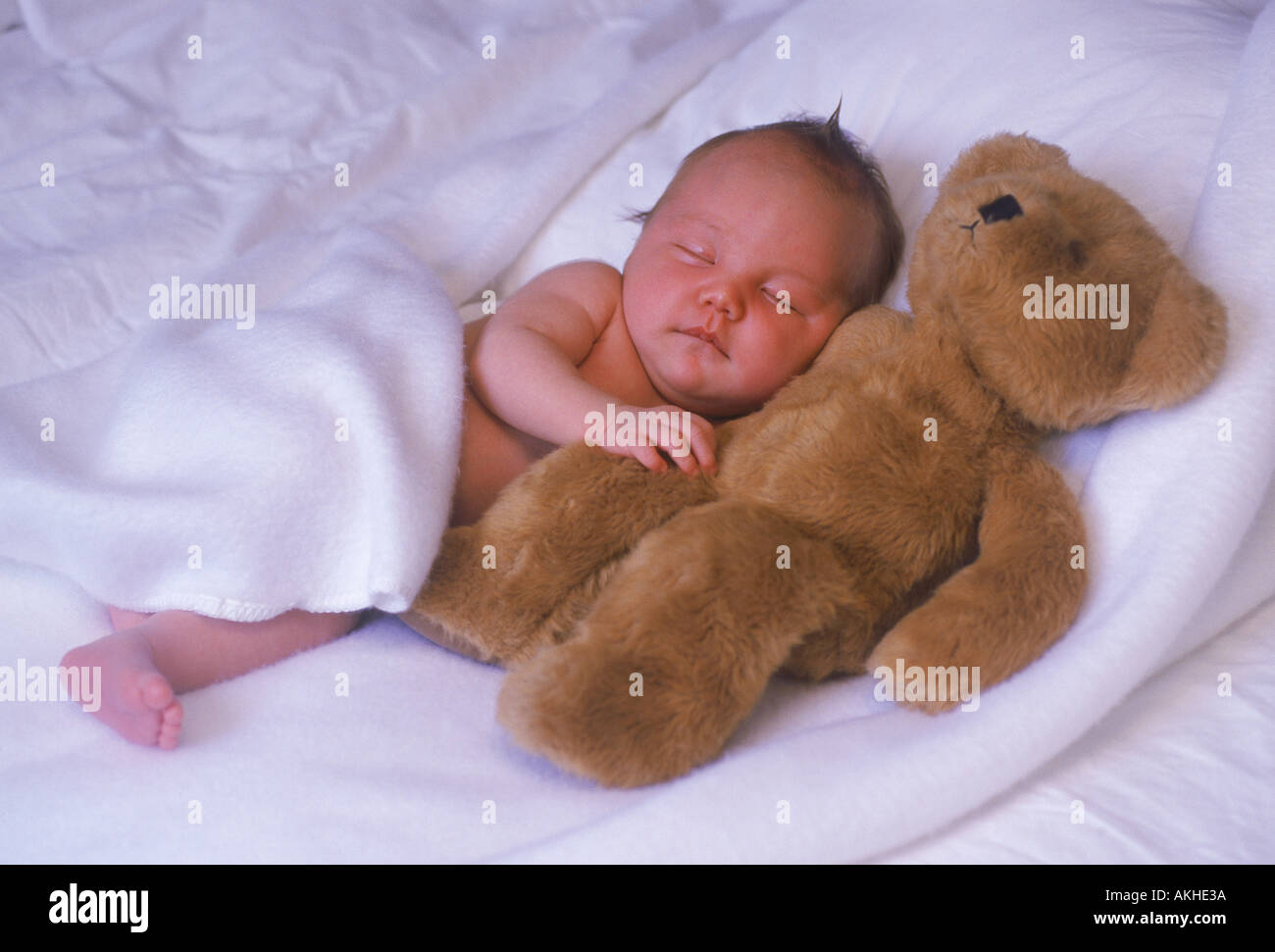 Baby sleeping with favorite teddy bear Stock Photo Alamy