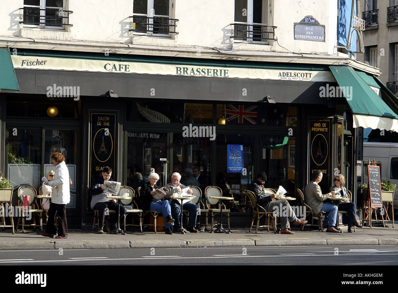 street with bistro terrace Paris France Stock Photo