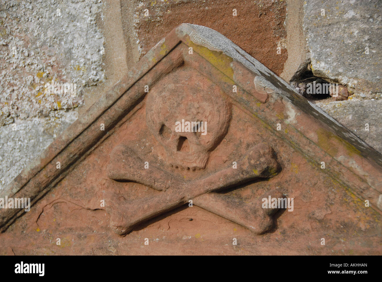 Skull and crossbones symbol on sandstone gravestone. All Saints Church