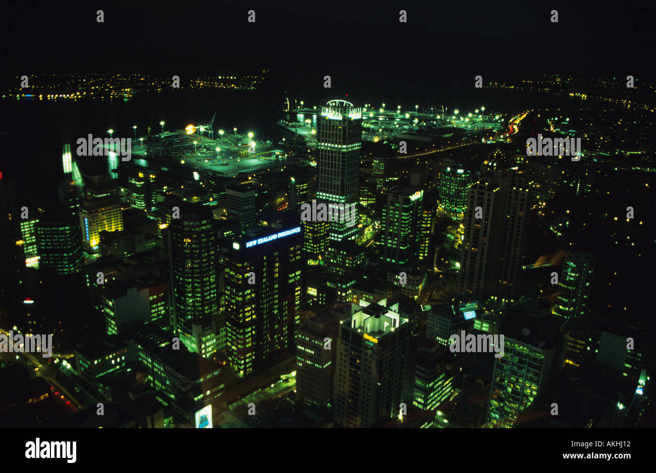 A view from the Sky Tower of the city of Auckland at night, North Island, New Zealand Stock Photo