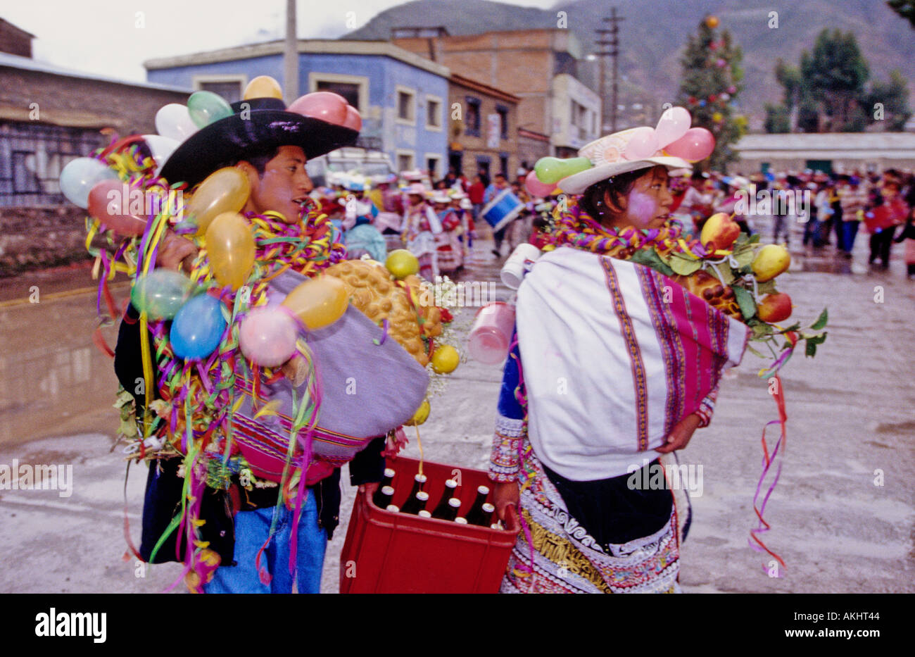 Dancing revelry and music February carnivale celebration Chivay Peru Stock Photo