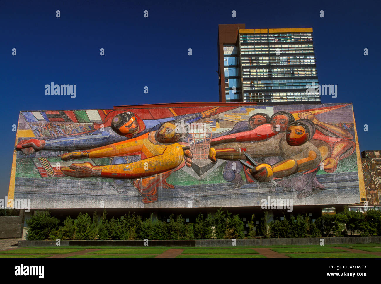 mosaic mural, mosaics, mural, David Alfaro Siqueiros, Central Administration Building, University City, UNAM, Mexico City, Mexico Stock Photo