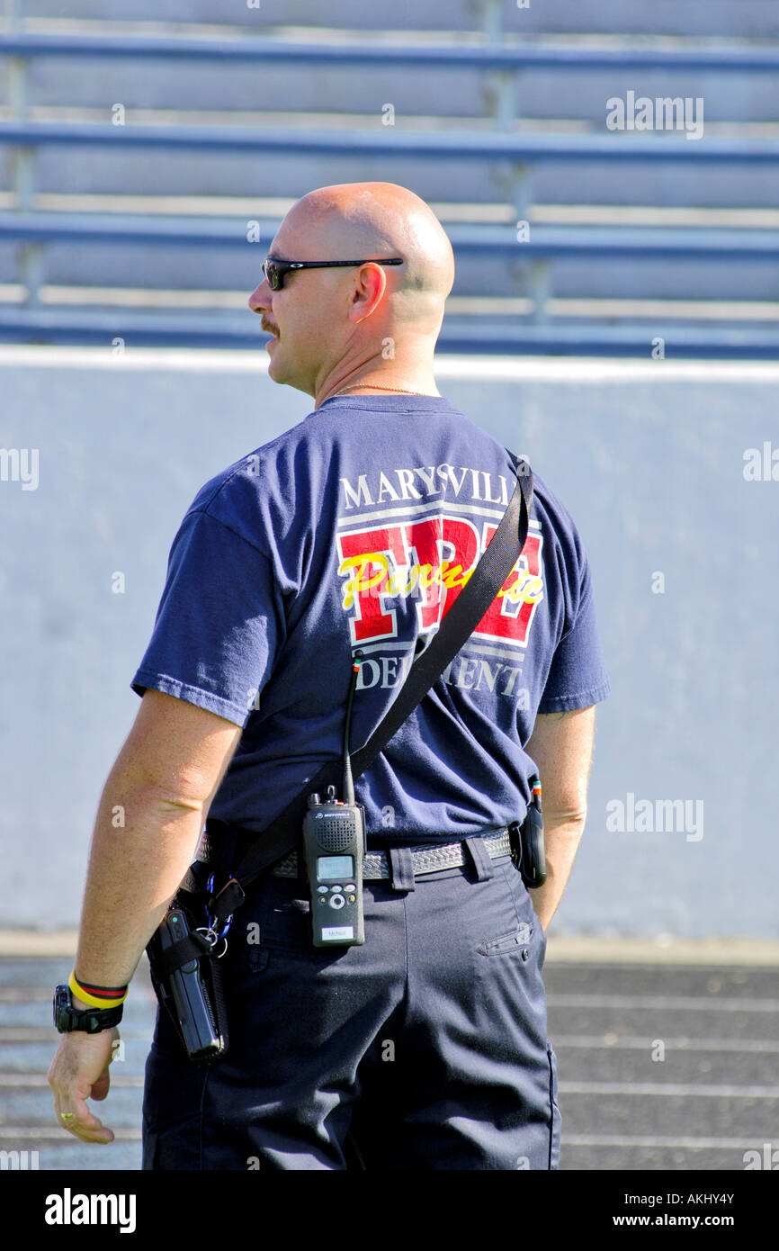 Paramedic of the Marysville Fire Dept Michigan MI easily seen by their t shirt logo Stock Photo