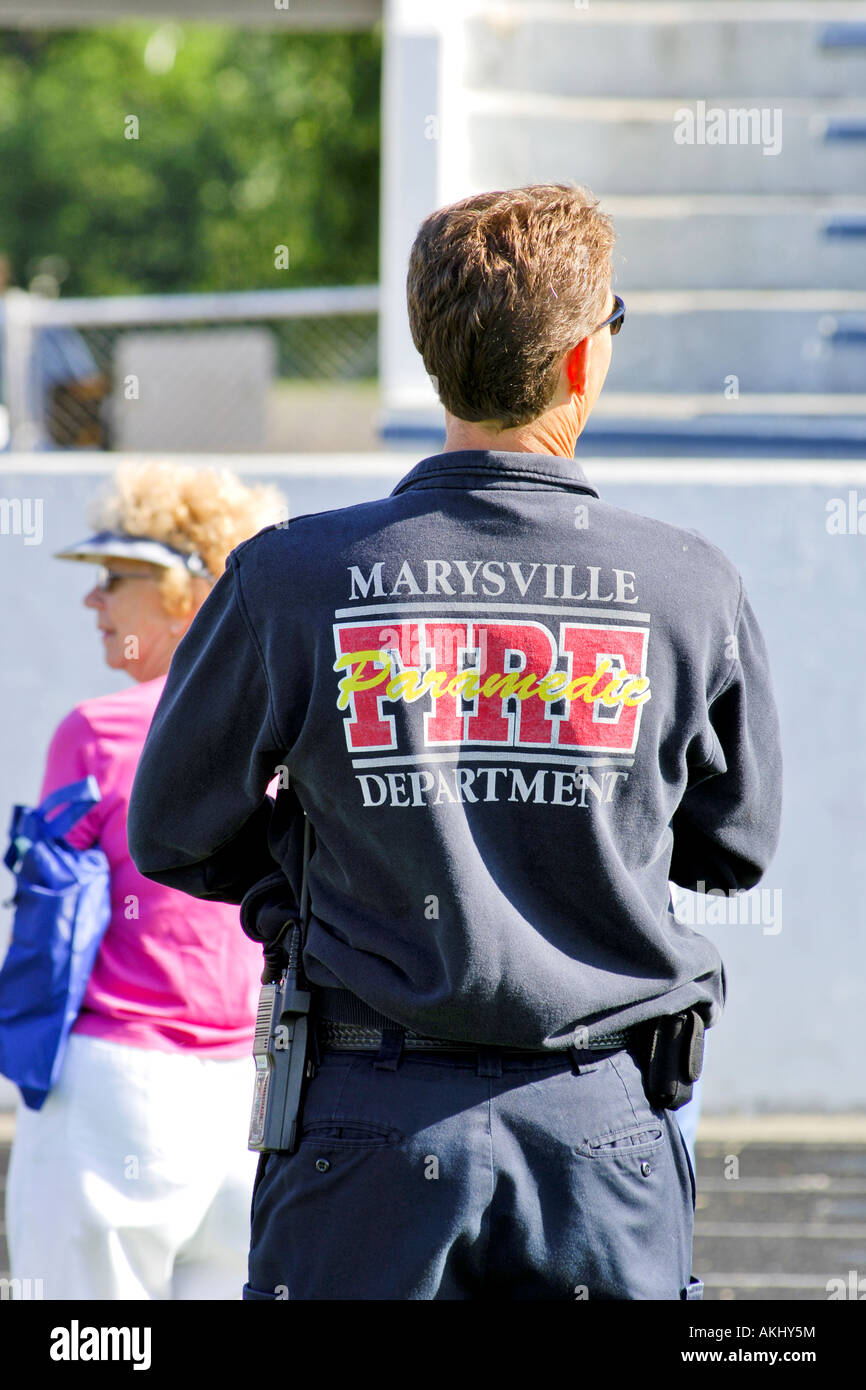 Paramedic of the Marysville Fire Dept Michigan MI easily seen by their t shirt logo Stock Photo