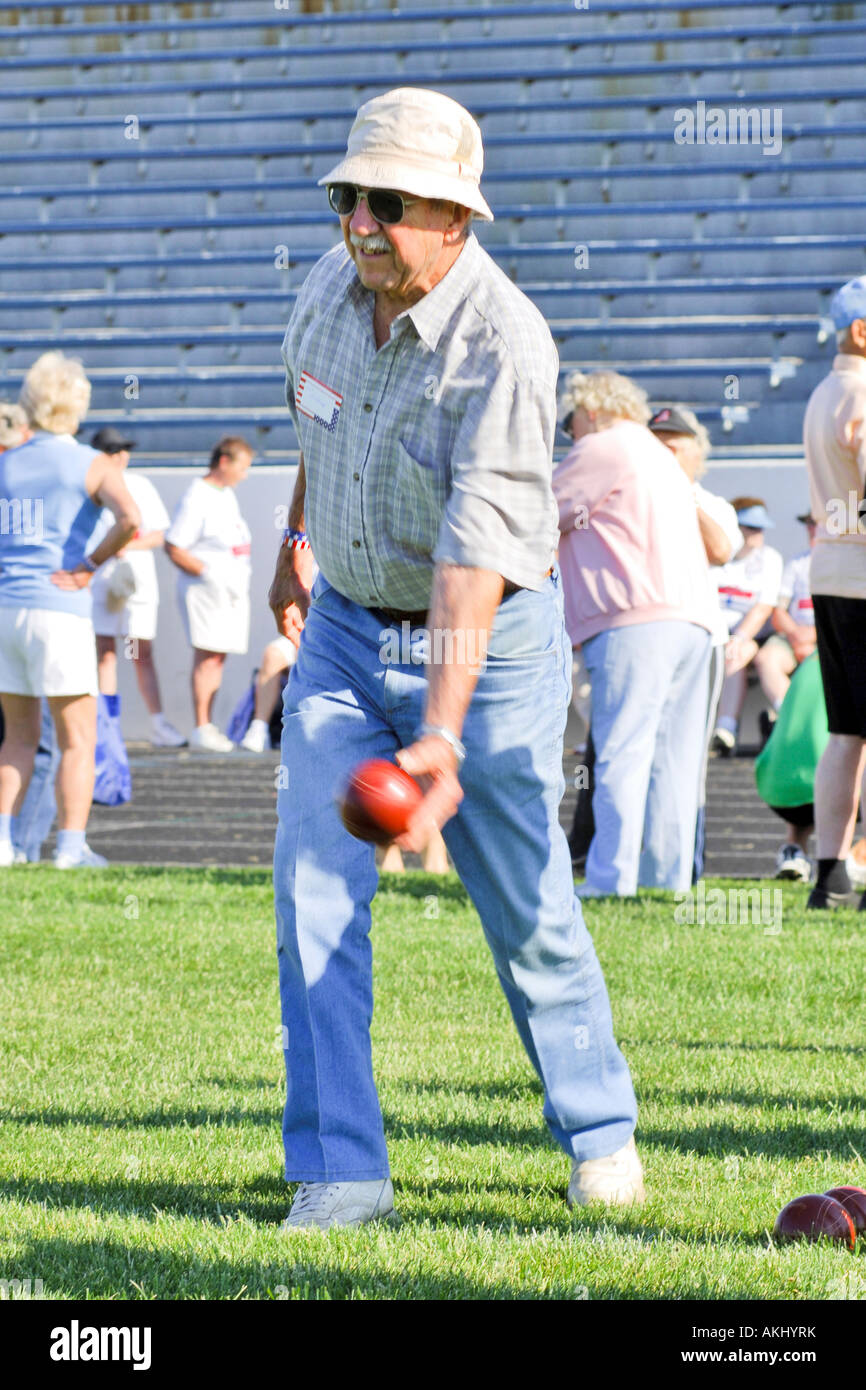 Senior male playing Bocce ball at the St Clair County Senior Olympics