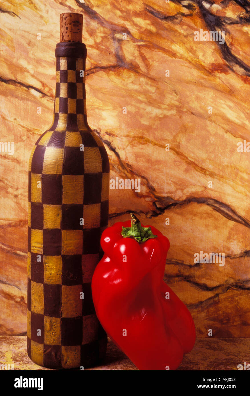 Checker wine bottle and red pepper Stock Photo Alamy