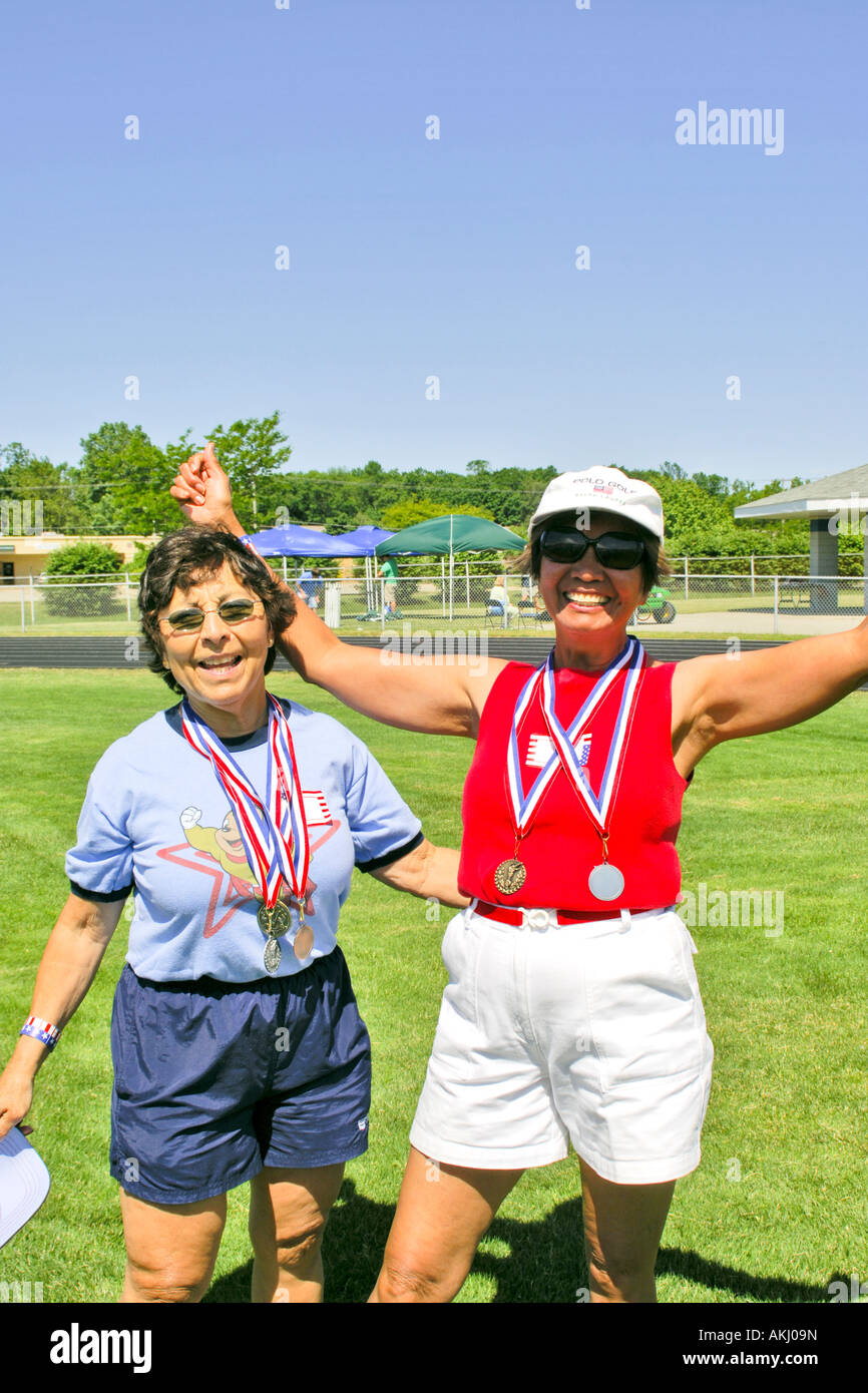 Senior females with their medals at the St Clair County Olympics Marysville Michigan MI Stock Photo