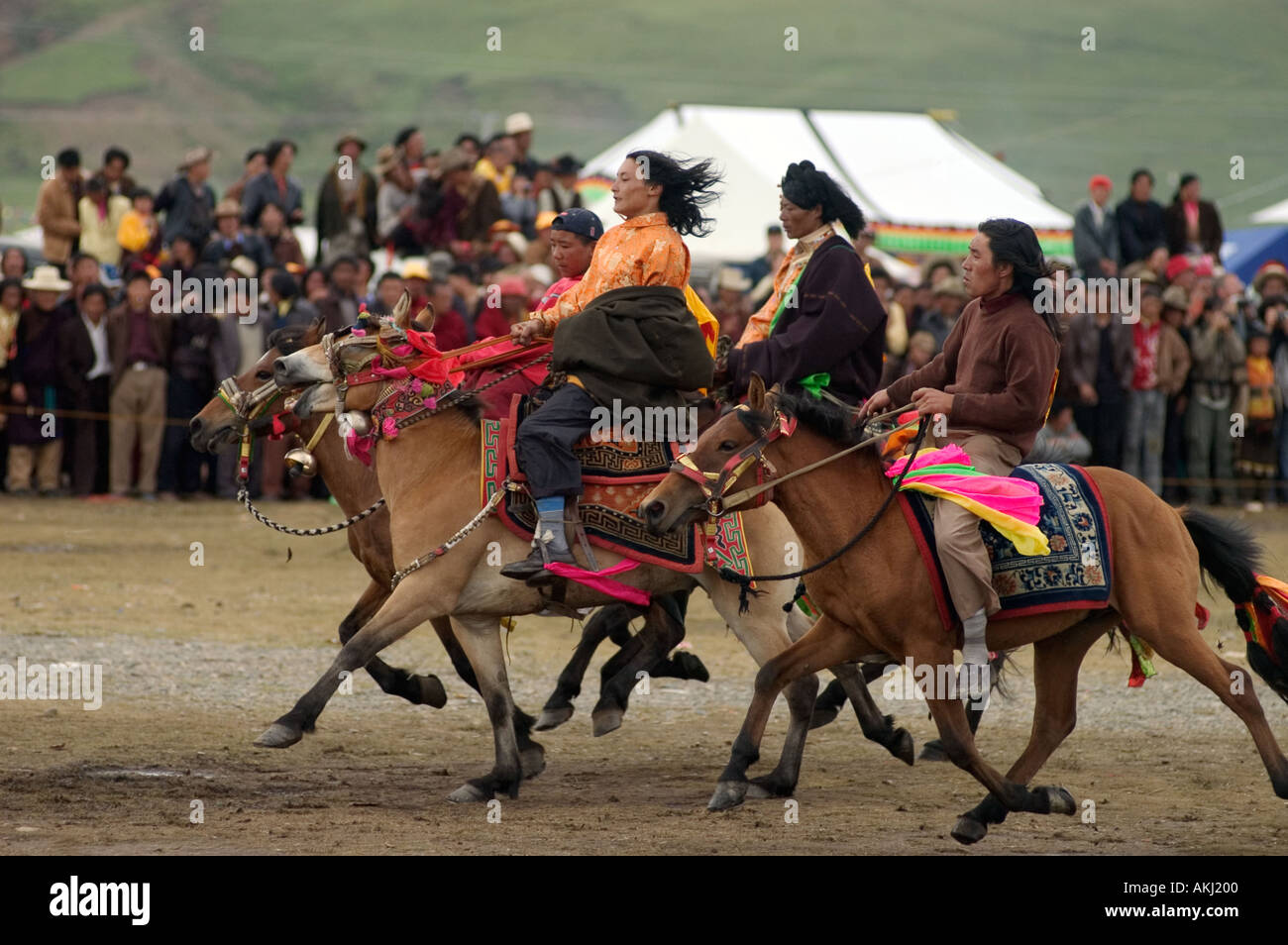 Khampas compete in a horse racr at the Litang Horse Festival in Kham Sichuan Province China Tibet  Stock Photo