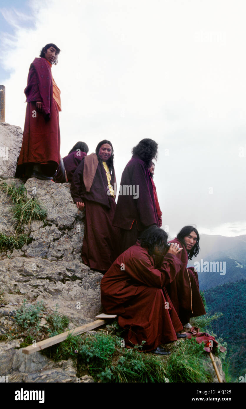 Nyingmapa monks fresh from 3 year meditation retreat at Katok Monastery Kham E Tibet Sichuan Province China Stock Photo