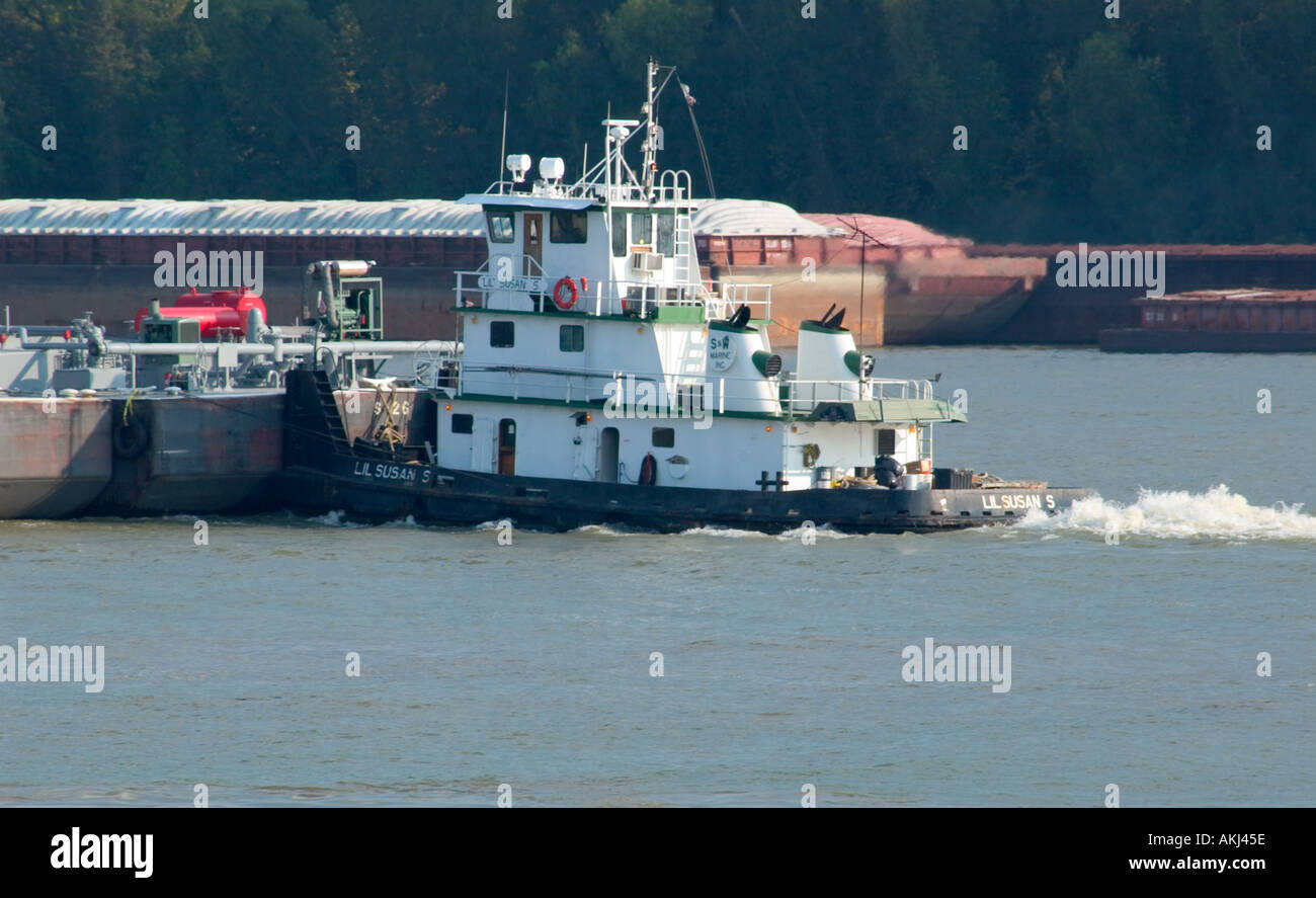 Tugboat pushing barge on the Mississippi River New Orleans LA USA Stock Photo