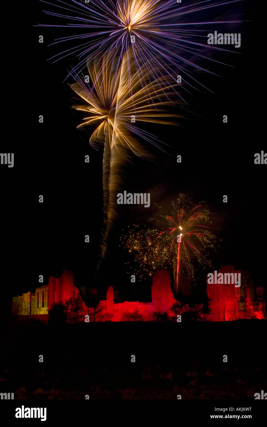 Fireworks display at Kenilworth Castle November 5th Guy Fawkes celebrations Digitaly manipulated Stock Photo
