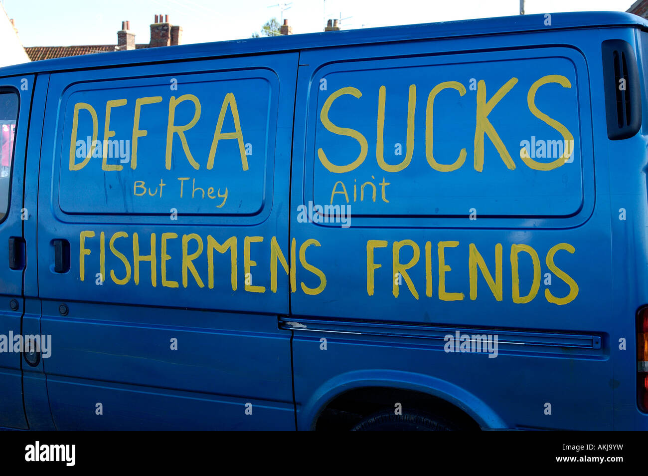 Defra sucks but they aint fishermans friends Protest on Van Stock Photo