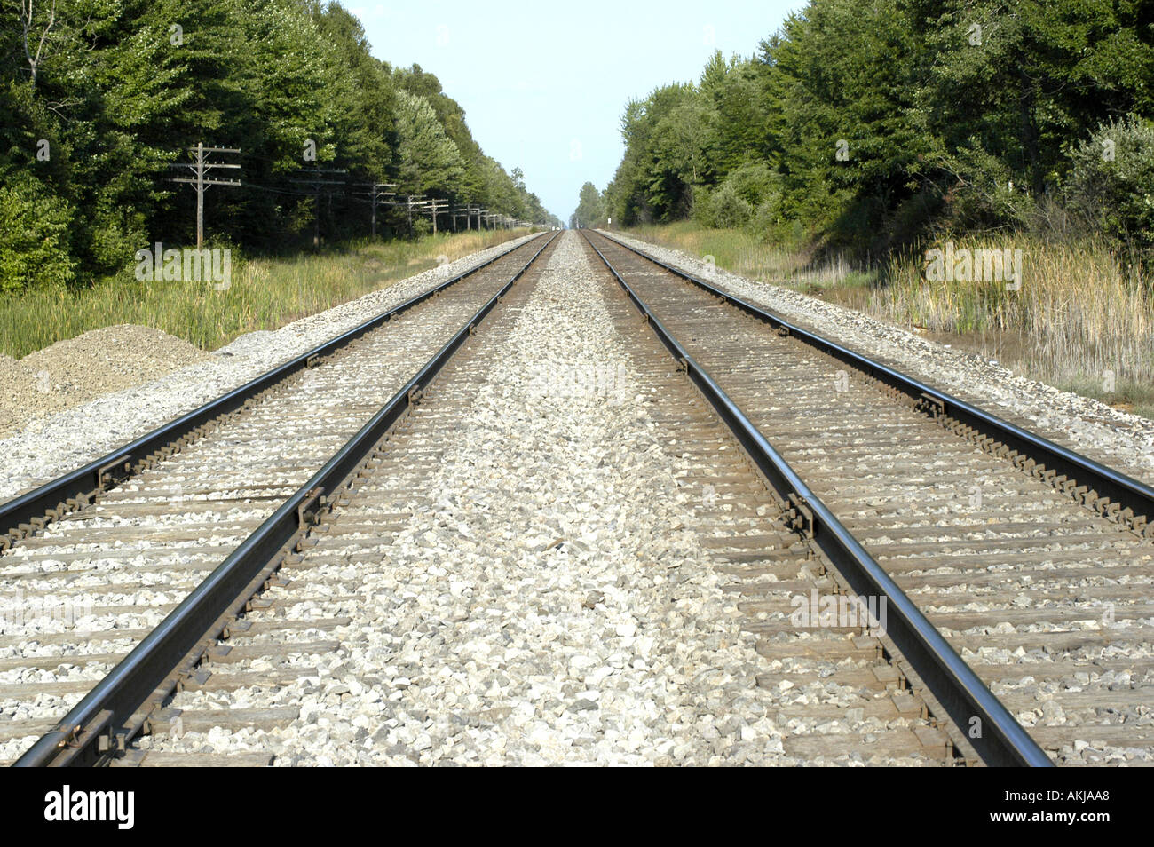 A double set of railroad tracks lead to infinity Stock Photo