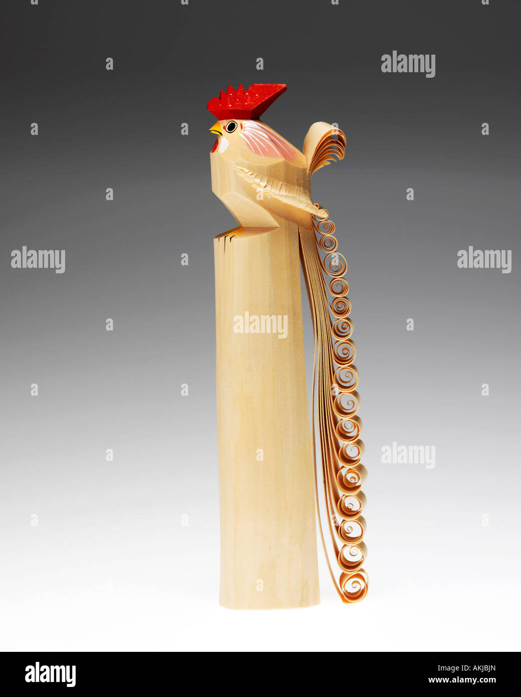 Japanese Yamagata traditional wooden rooster carving "sasano bori" Stock Photo