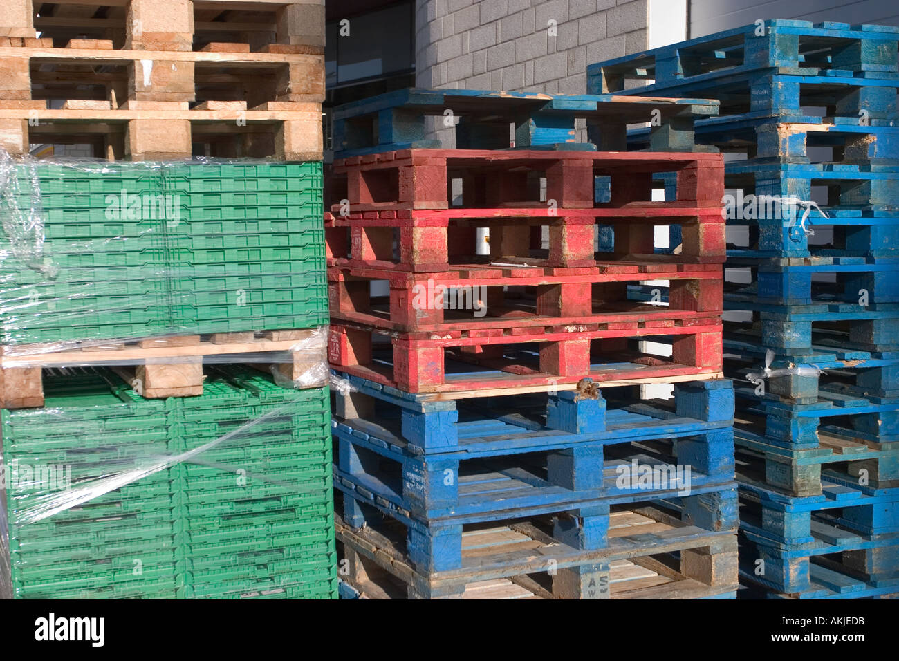wooden pallets red and blue Stock Photo