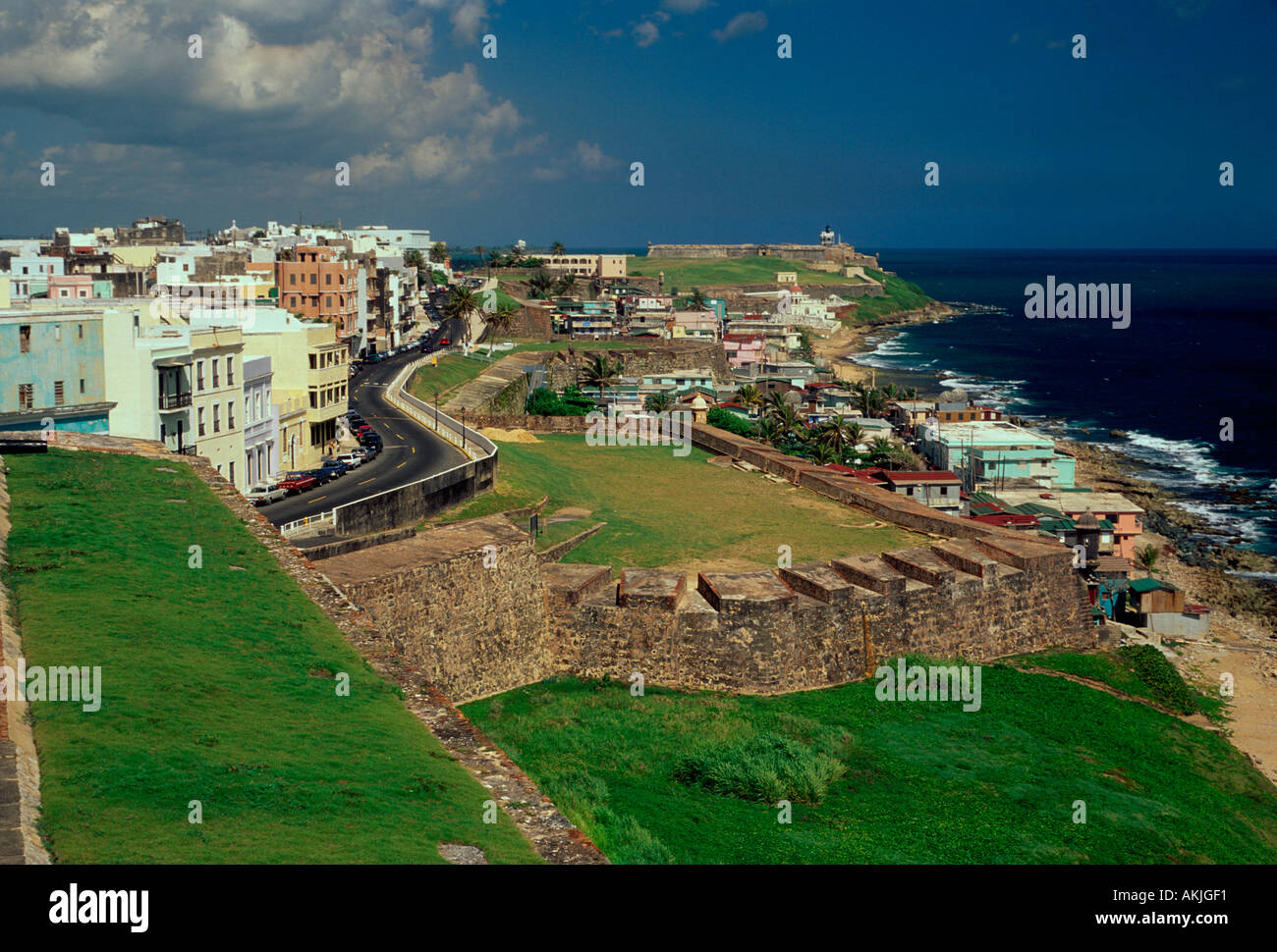 city wall, El Morro Fortress in background, Old San Juan, San Juan, Puerto Rico, West Indies Stock Photo