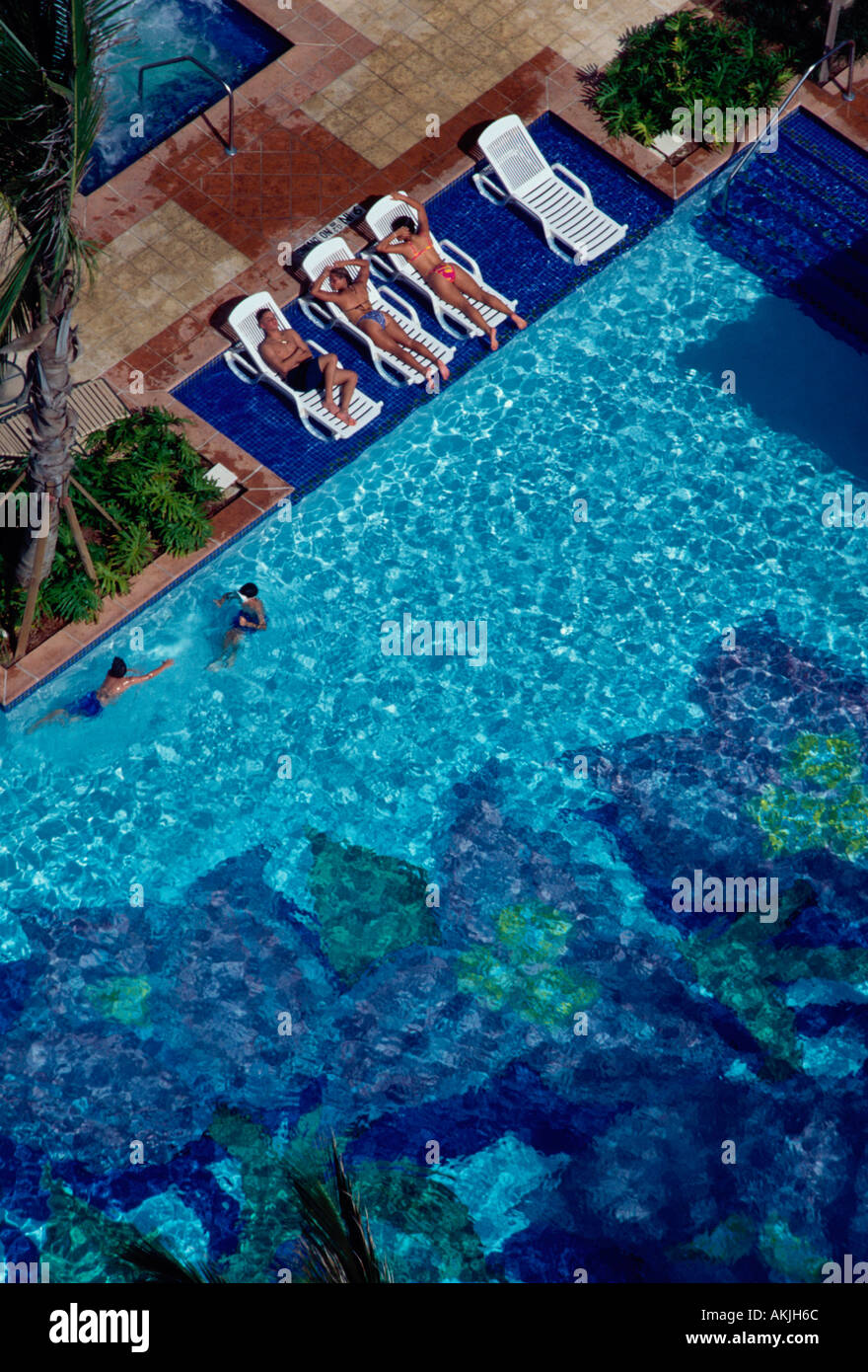 people, sunbathing, swimming pool, San Juan Marriott Hotel, hotel, Condado, Santurce, city of San Juan, San Juan, Puerto Rico Stock Photo