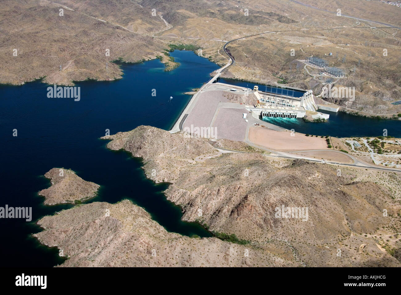 Aerial of Davis Dam on the border of Arizona and Nevada USA Stock Photo
