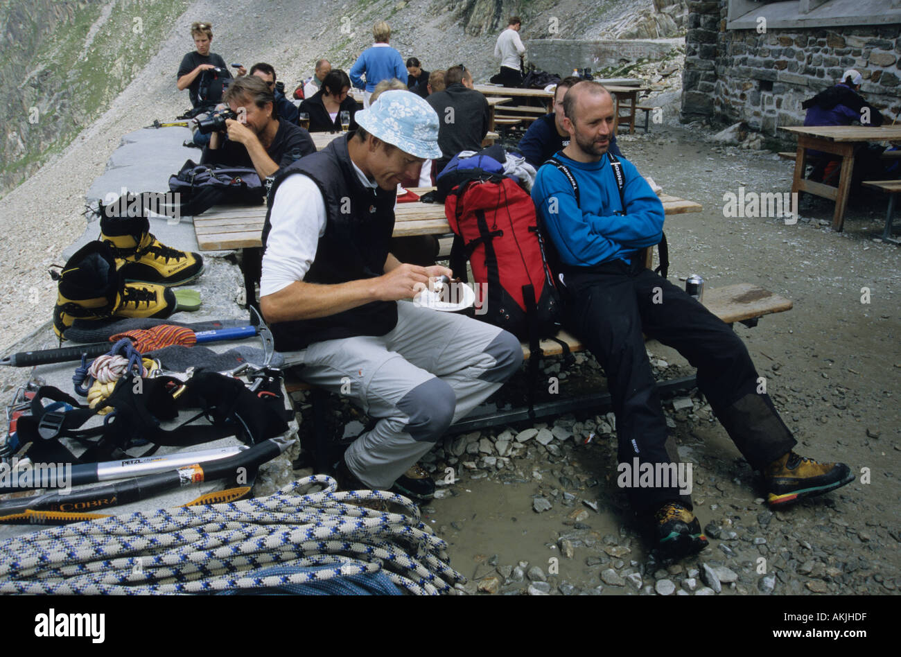 Mountaineers relax at the Albert Premier Hut French Alps Stock Photo ...