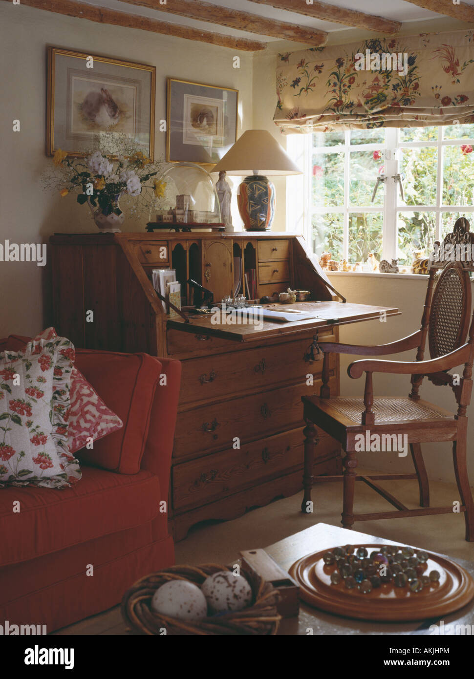 Antique Desk And Chair In Study Corner Front Of Window Cottage Living Room