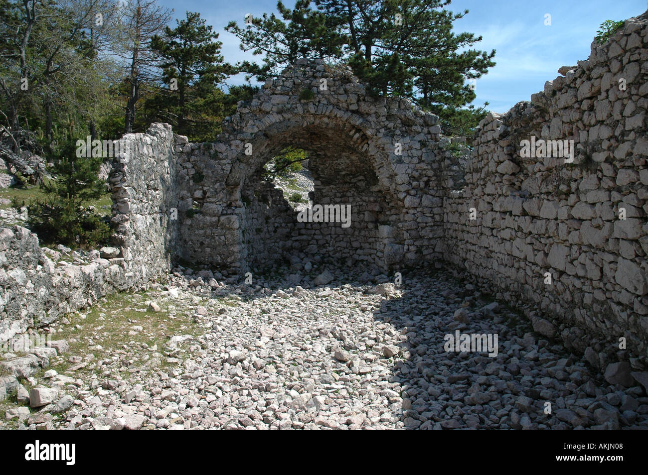 Ruins of romanic church above town Baska on Island Krk Kvarner Bay Adriatic Sea Croatia Stock Photo