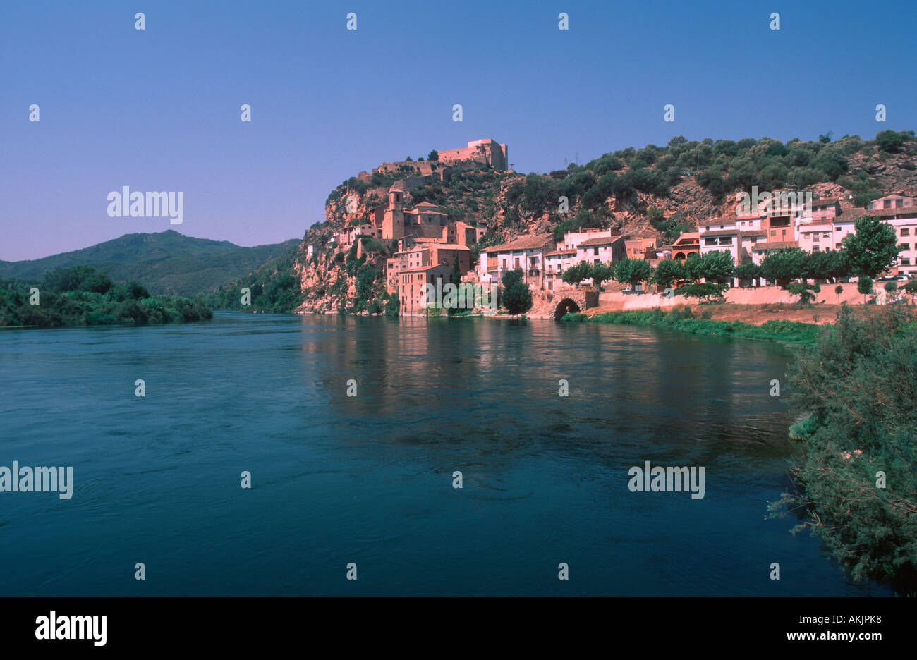 Ebro River and Miravet Town. Tarragona Province. Spain Stock Photo