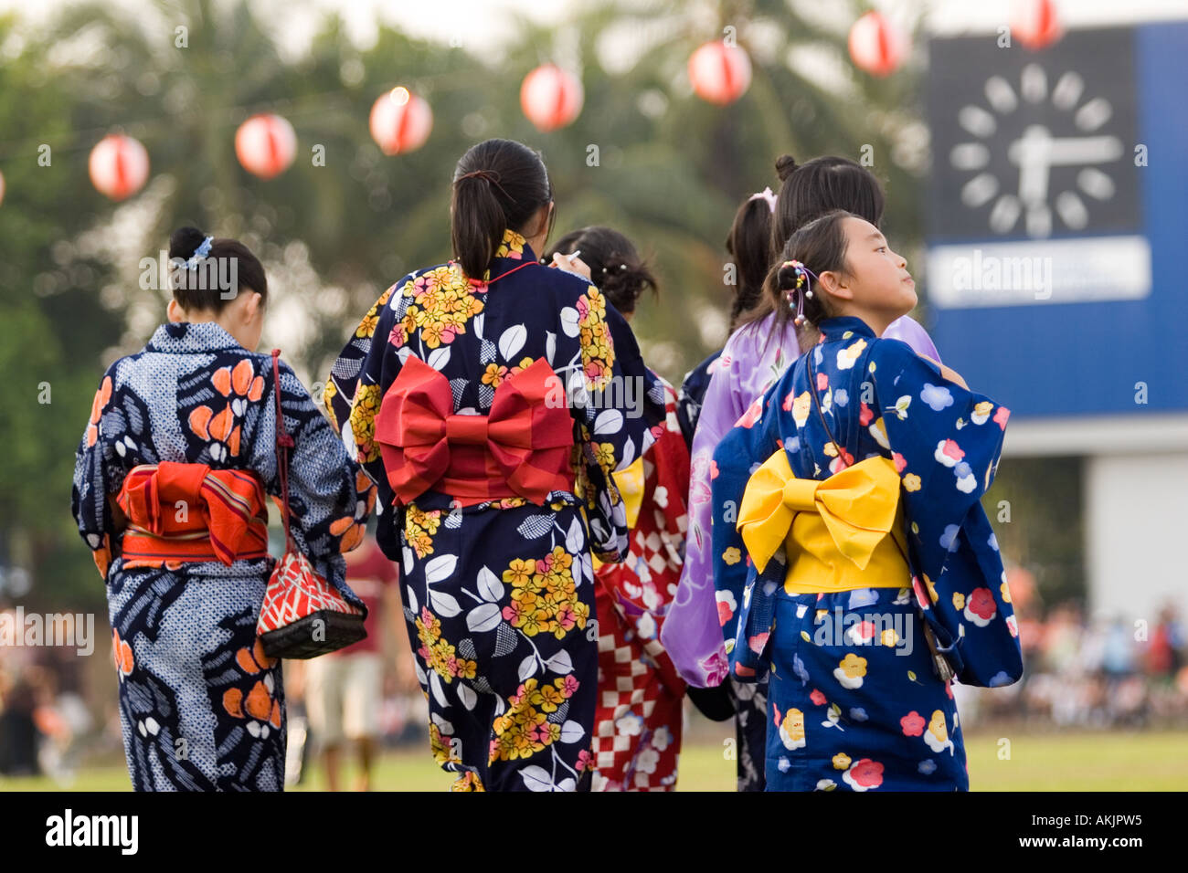 Ribbon backs of a group of girls wearing japanese clothes, Bon Odori festival, Malaysia Stock Photo