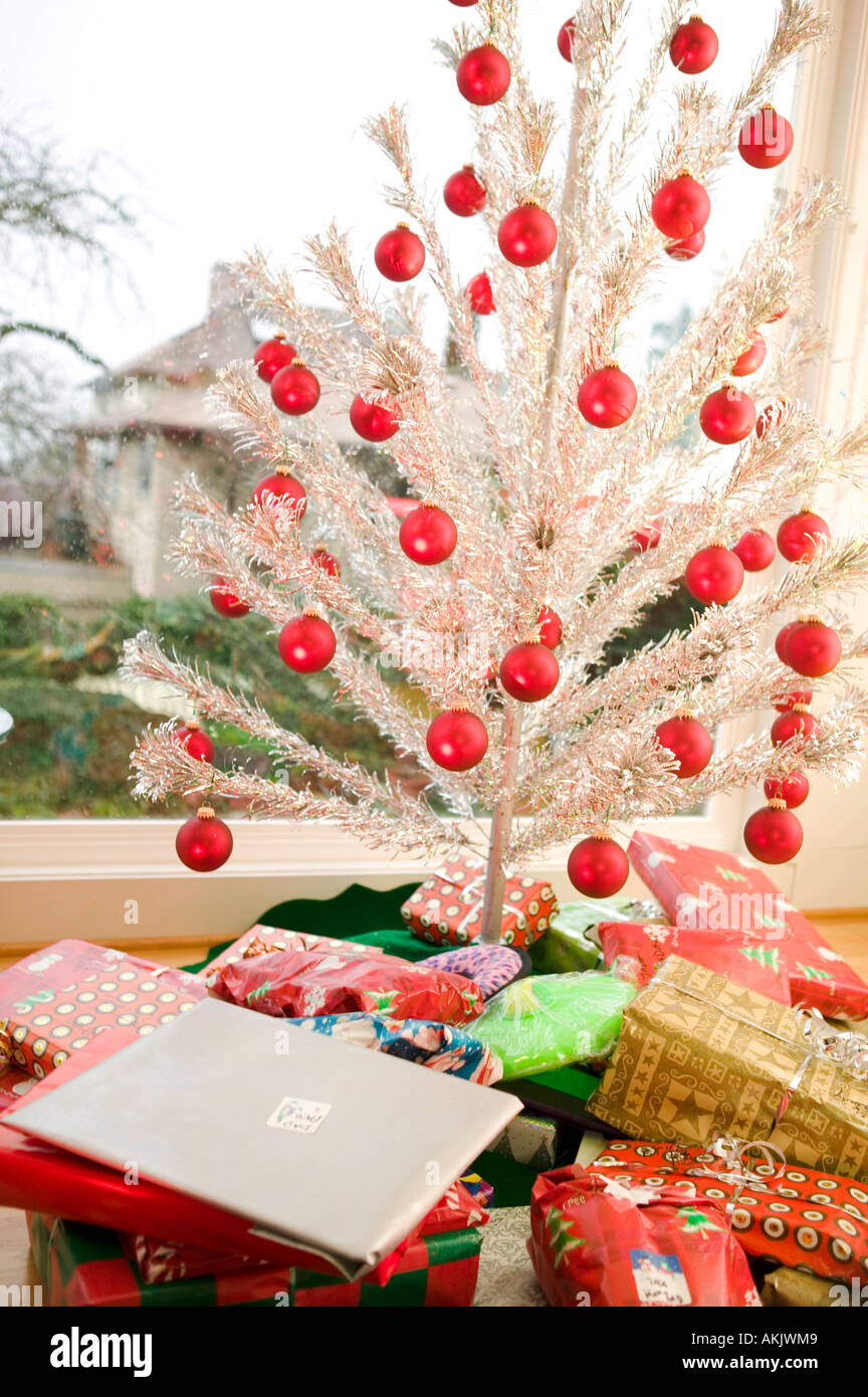Presents under tree on Christmas morning Stock Photo