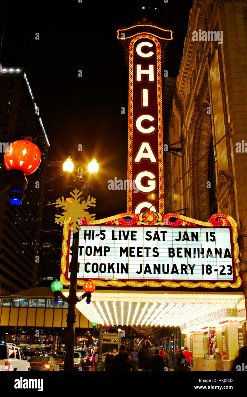 NIGHT Chicago Illinois Chicago Theater marquee holiday lights and