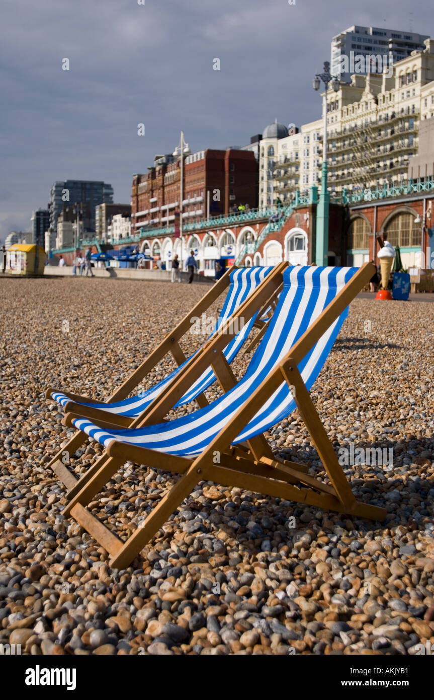Two deckchairs on Brighton Beach in the UK Stock Photo Alamy