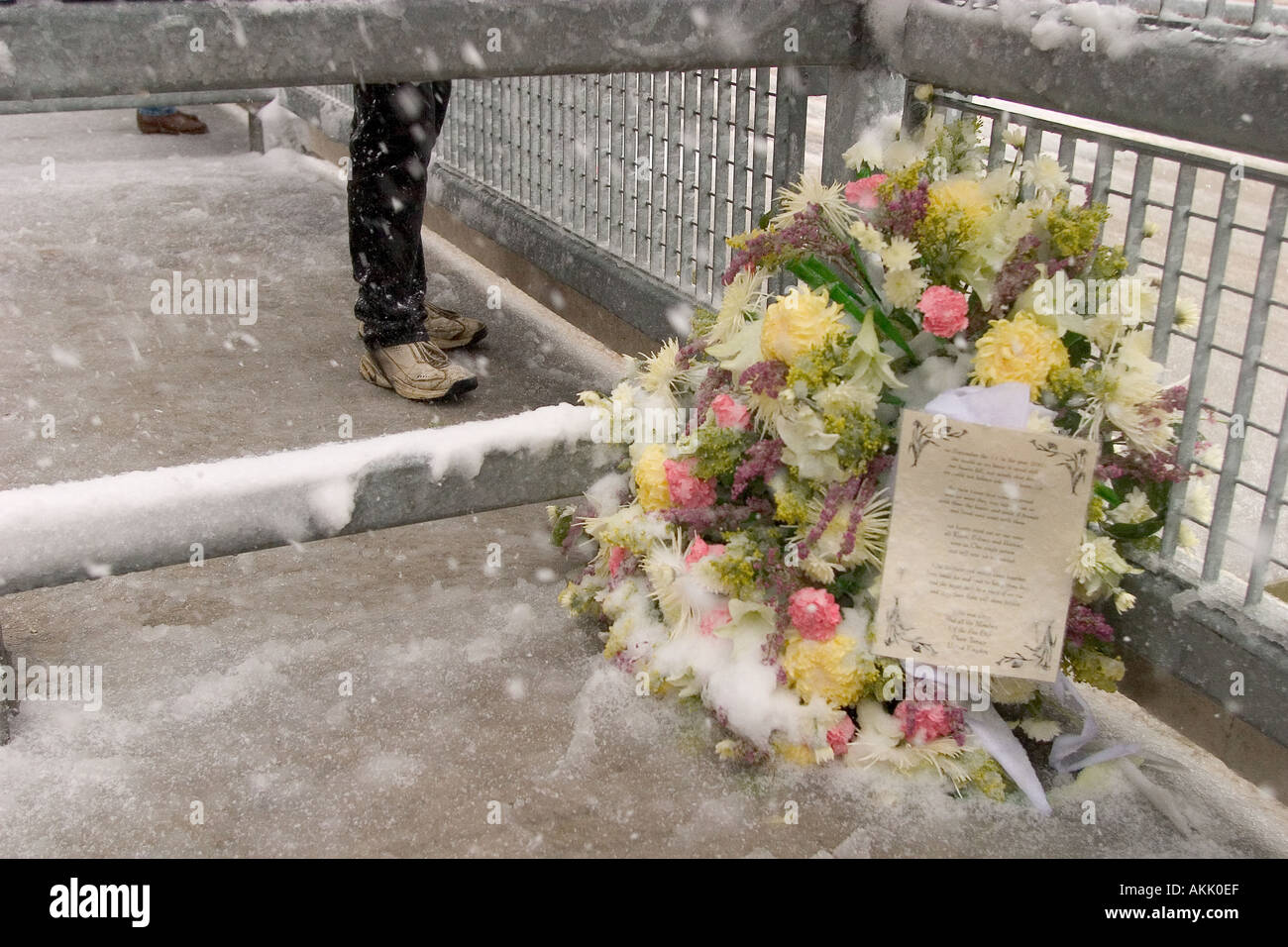 A wreath sits at the fence surrounding Ground Zero during a New York
