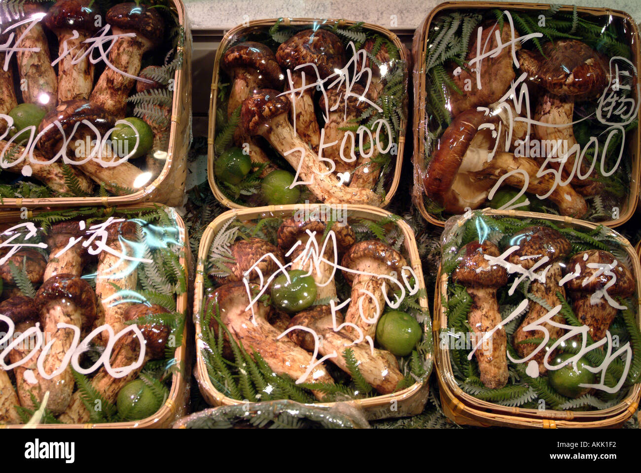 Matsutake mushrooms on display in Nishiki street market Kyoto Japan