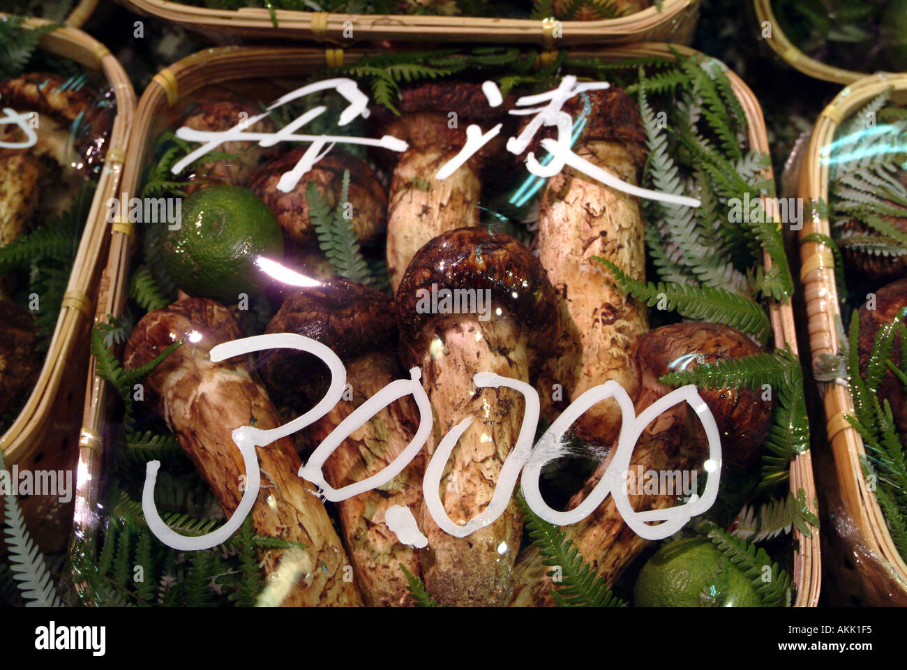 Matsutake mushrooms on display in Nishiki street market Kyoto Japan