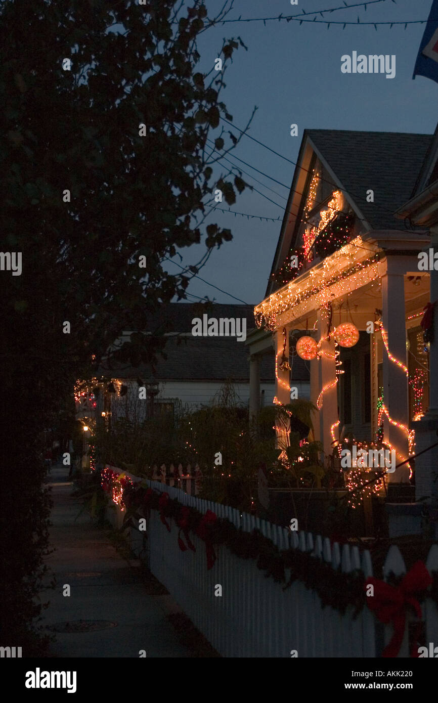 Christmas lights on Dumaine Street off of the Bayou St John New Orleans Louisiana Stock Photo