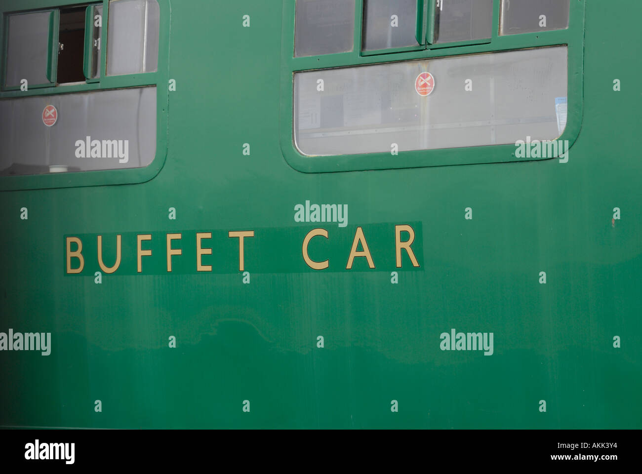 Buffet Car on the side of a green Spa Valley Railway railway carriage at the old Tunbridge Wells West Station Stock Photo
