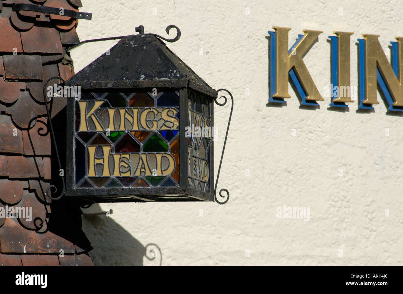 Pub sign for the Kings Head in the form of a leaded lantern with coloured glass Staplehurst Kent England UK 08 August 2006 Stock Photo