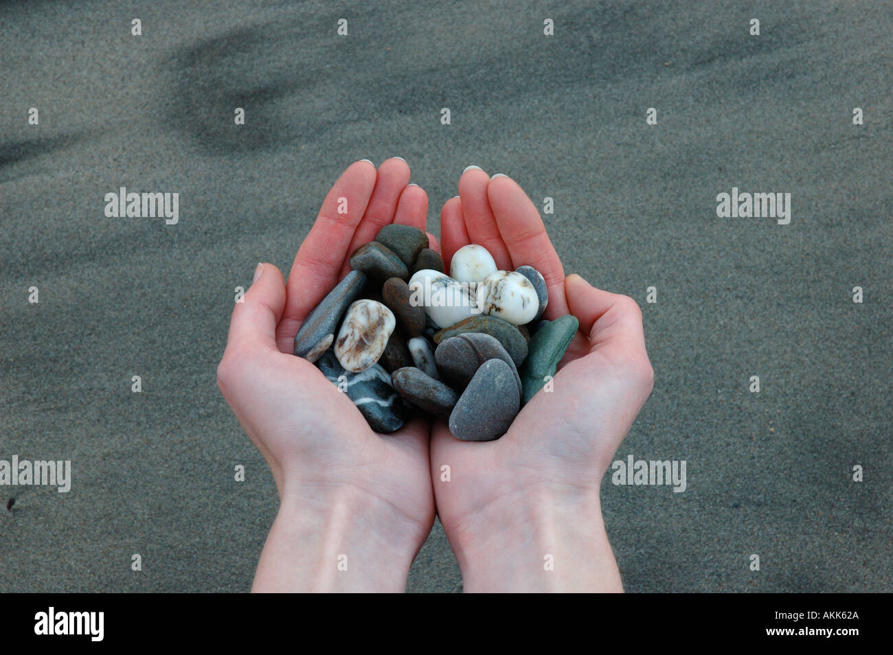 Womans hand holding sea water weathered stones and pebbles with sand background Stock Photo