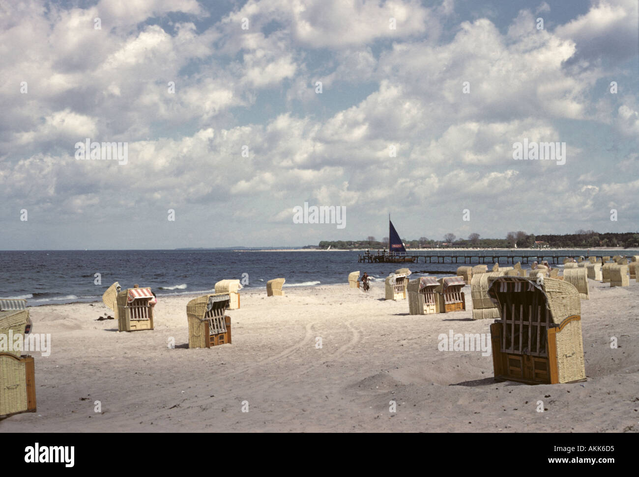 baltic sea with canopied beach chairs 1960s Stock Photo